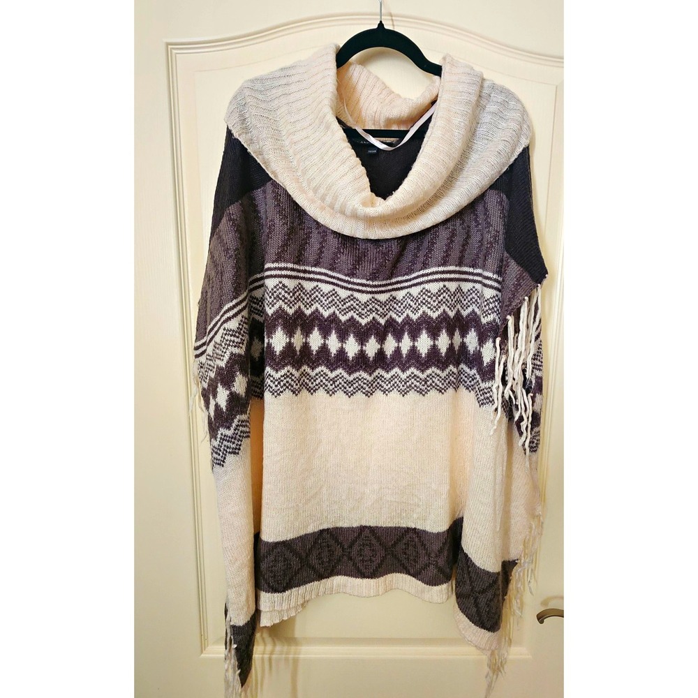 Lane Bryant One Size Cowl Neck Fringe Poncho Sweater Ivory Gray Boho